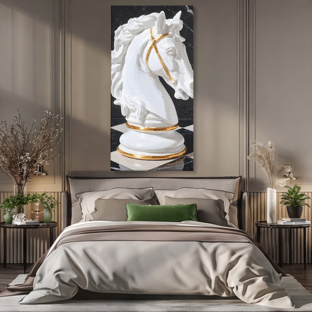 Tablou canvas cu tablou canvas cu cal de sah, fara rama, pe sasiu de lemn, pe perete intr-un dormitor